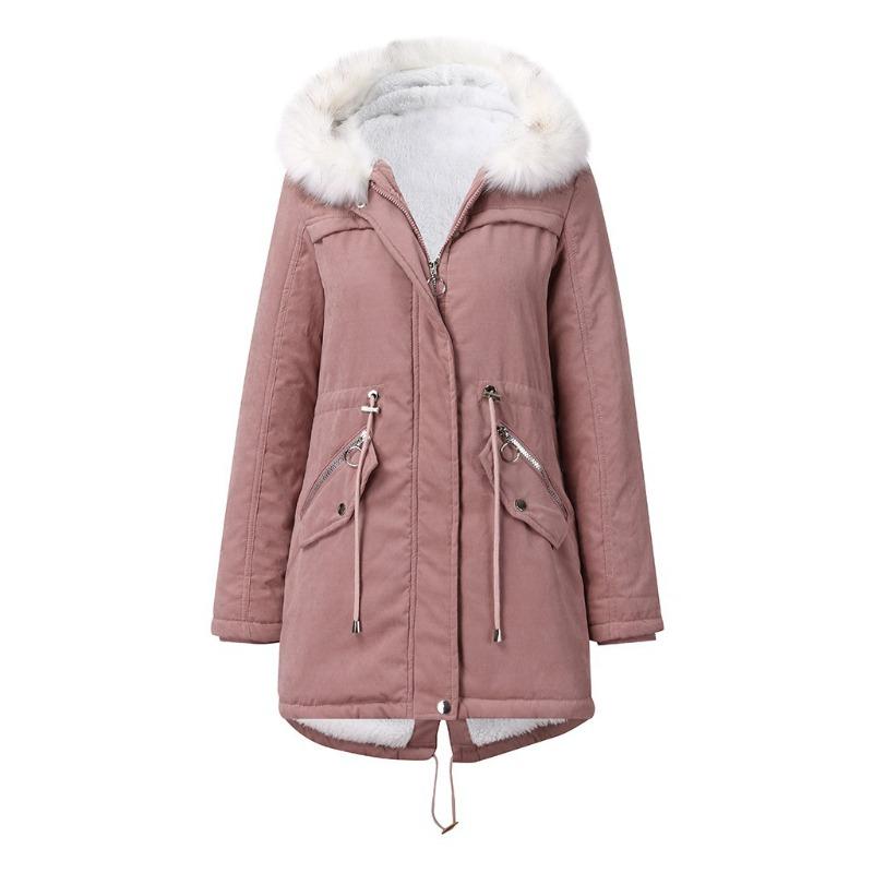 European Size Women's Cotton-padded Coat White Fur Collar Parka Medium and Long Hooded Winter Warm Fleece Coat Women's Cotton-padded Coat