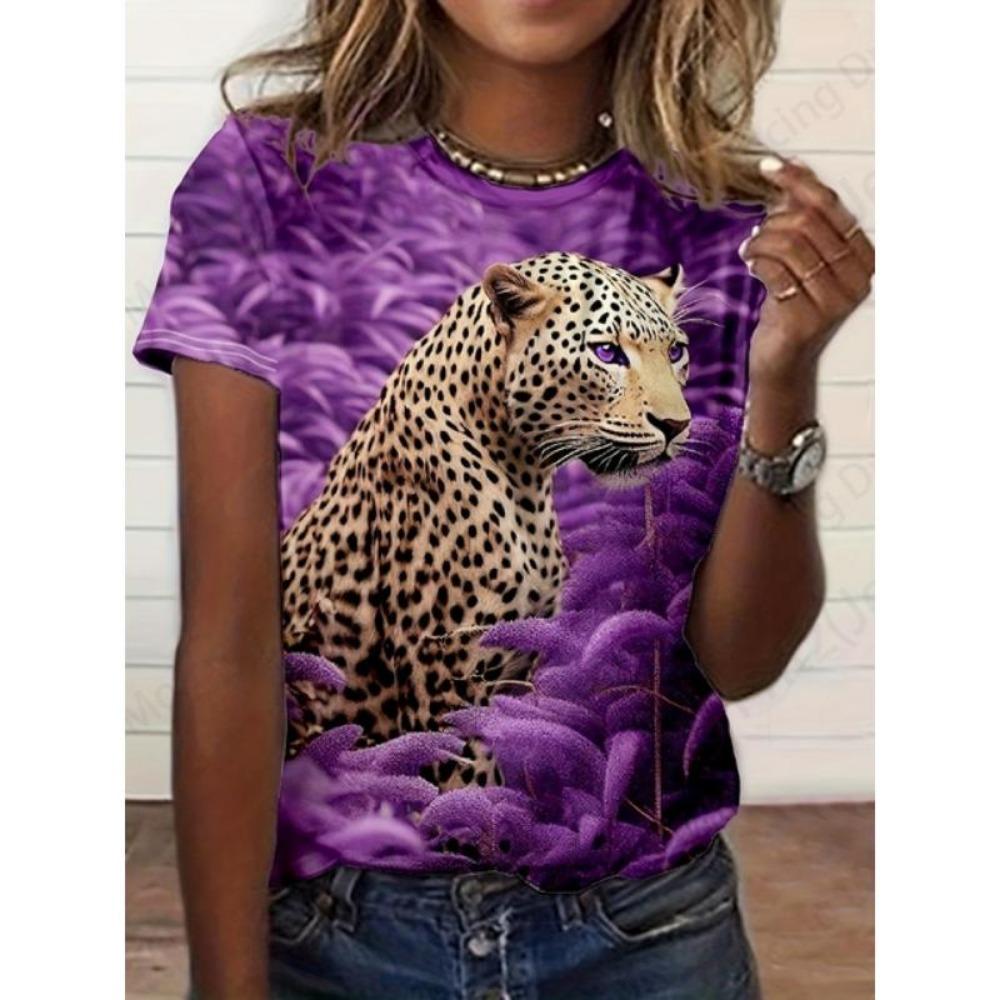 3D Printed Leopard Print Women's Short Sleeved T-shirt, Women's Top, Suitable for Daily Wear