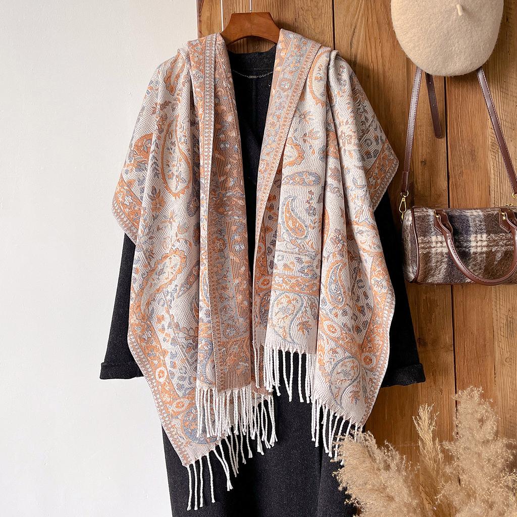 Women'S Winter Paisley Print Thick Pashmina Shawl Warm Long Tassel Scarf Poncho Stoles Cold-Proof National Style