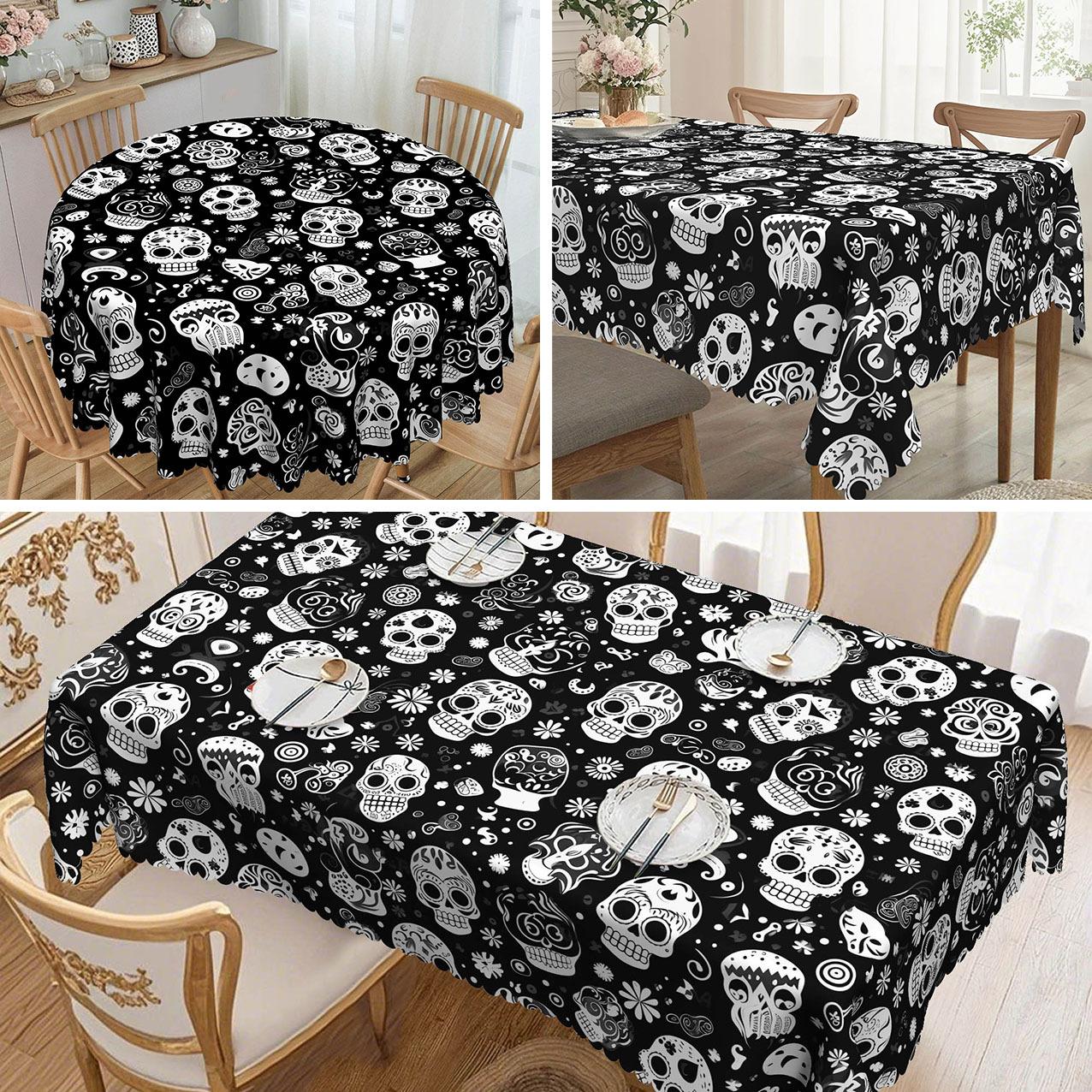 1 Piece Halloween Round Tablecloth - Black And White Skull Floral Design, Durable Polyester Material, Suitable For Dining Tables Round tablecloth-152x152cm