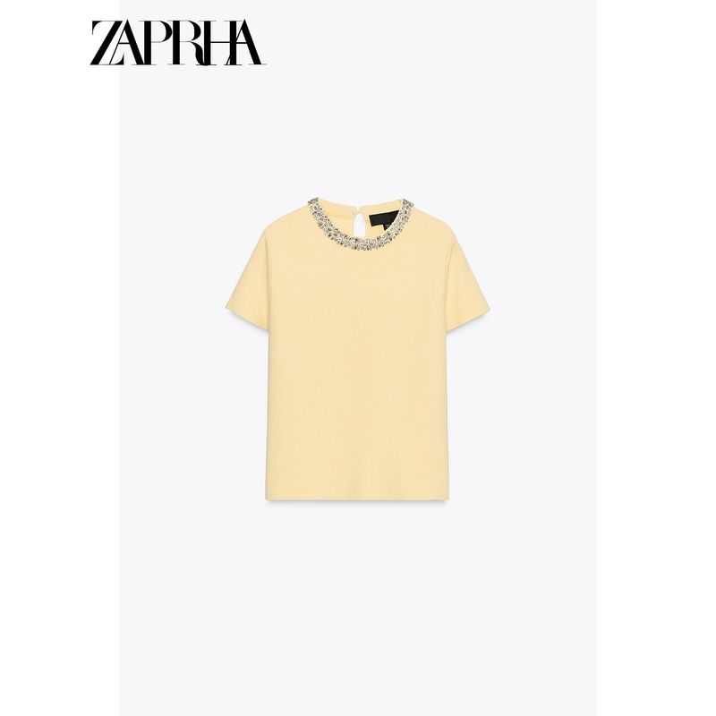 Zaprha 2025 Summer New Fashionable Lightweight Jewelry Decoration Short sleeve round Neck Knit Women 5755039