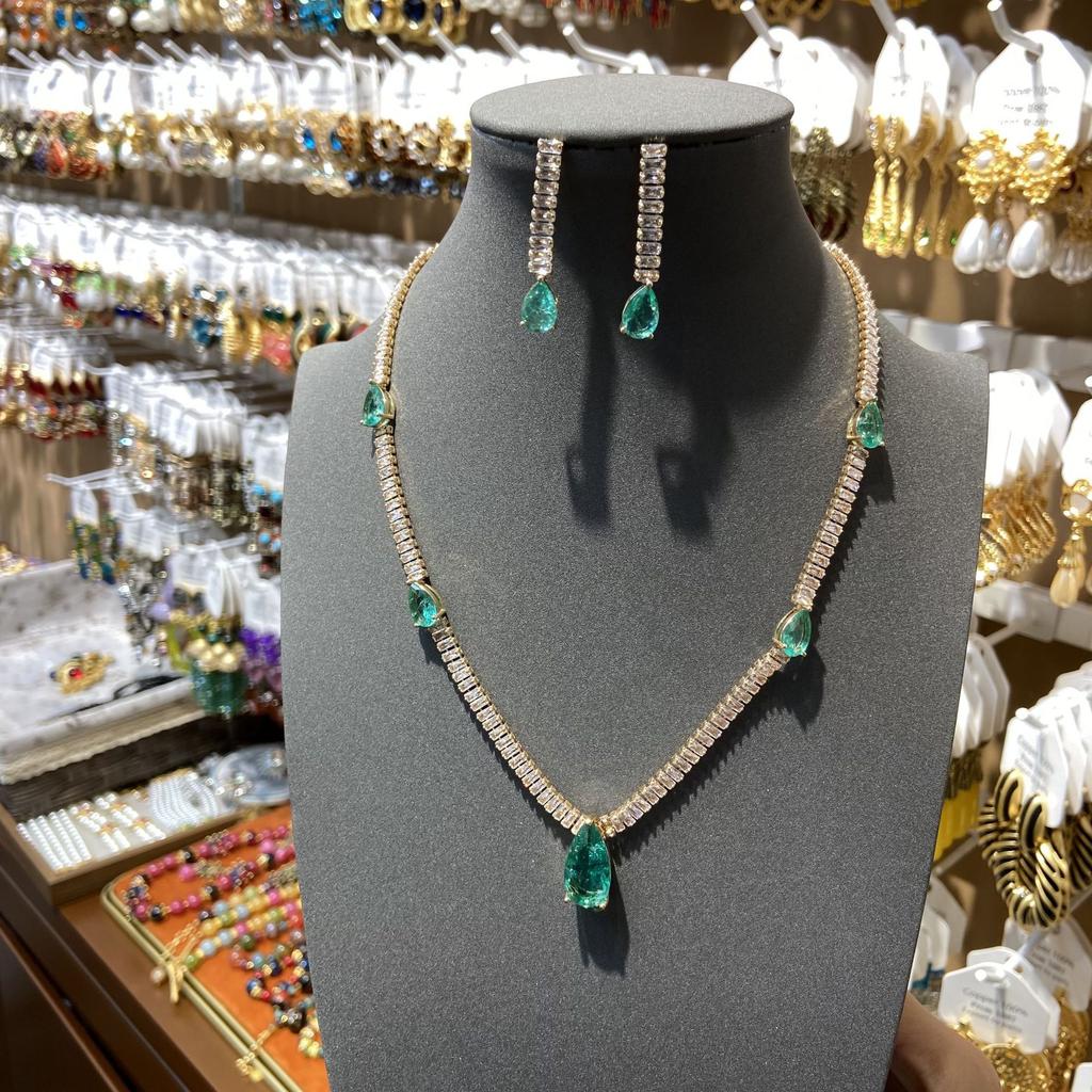 Hole Blue Water Drop Necklace Zircon Luxury Fashion Women'S Necklace Earrings Set Jewelry