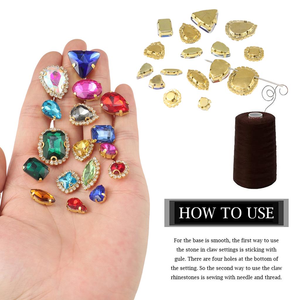 Sew On Rhinestones, Choupee 50PCS Sew On Glass Rhinestone Metal Back Prong Setting Sewing Claw Rhinestone Mixed Shapes