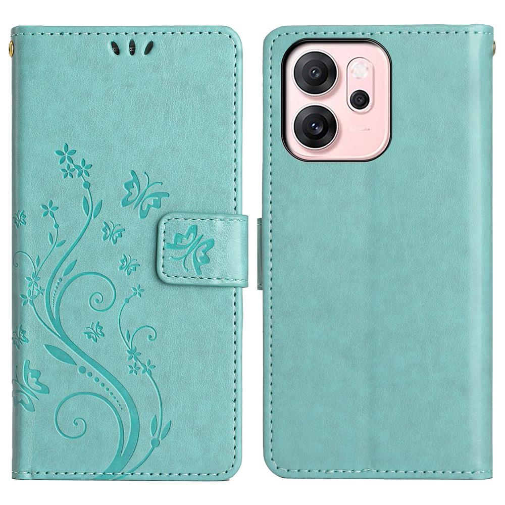 For Oppo Reno14 F 5G Leather Wallet Case Butterfly Flower Imprinted Phone Cover with Strap