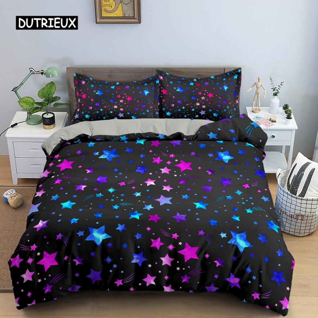 Colorful Stars Duvet Cover Set Microfiber Yellow Pink Stars Soft Bedding Set Single King Queen Twin Size 2/3pcs Comforter Cover