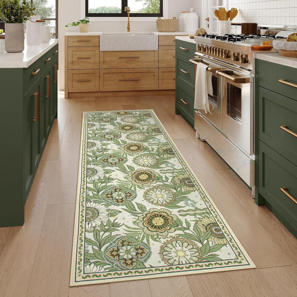 Vintage Floral Pattern Runner Rug Plant Decor Hallway Long Carpet Absorbent Anti-slip Door Mat for Bedroom Entryway Bathroom