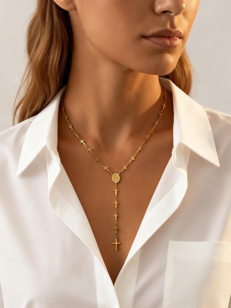 Stainless Steel Virgin Mary Y-Shaped Necklace Women's Cross Chain Necklaces Christian Prayer Jewelry Gift