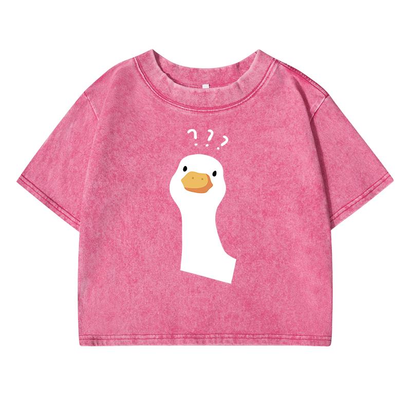 Cartoon Duck Print With Question Mark Printing Women Washed Short T Shirt Breathable Street Fashion Casual Distress Top