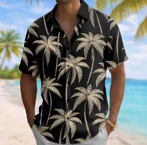 Men s Coconut Tree Tropical Hawaiian Shirt, Short Sleeve Lapel, Print Button Beach Shirt XXS