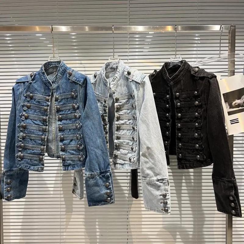 Women Spring Autumn Fashion Tops Classical Metal Rib Buckle Korean Style High-end Design Shoulder Straps Washed Denim Short Jacket