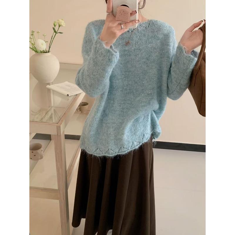 

Весенне-осенний новый тонкий вязаный свитер с пайетками, мягкий ворсистый мохеровый, свободный пуловер для женщины one size fits all синий