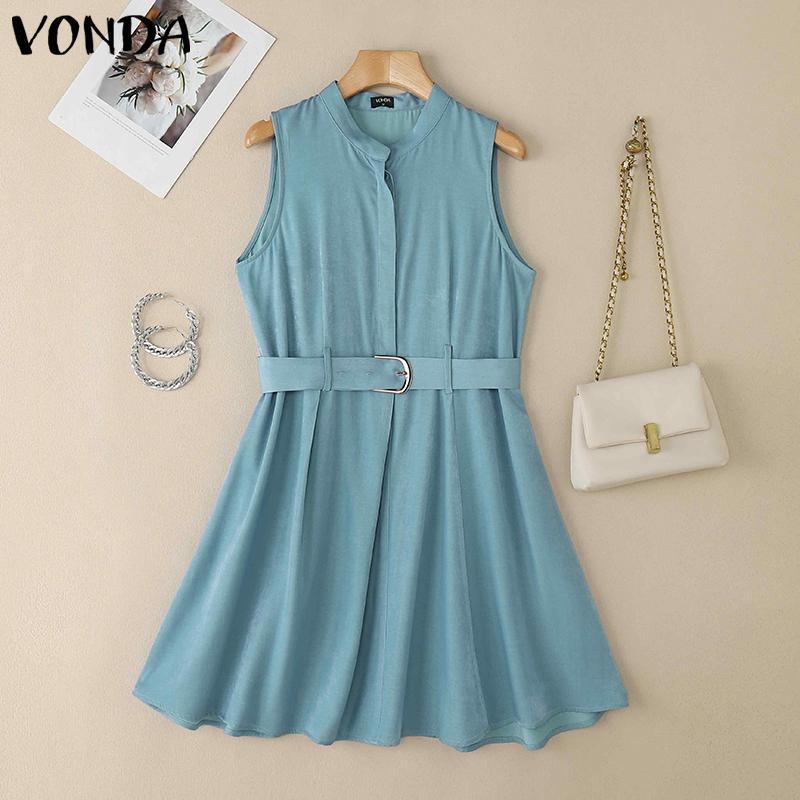 VONDA Summer Women Sleeveless Belt Waist Casual Pleated Dress