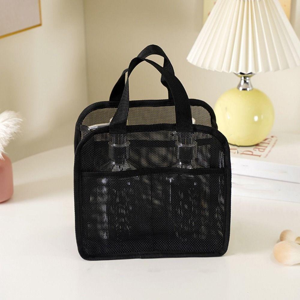 Portable PVC Mesh Makeup Bag Solid Color Large Capacity Toiletry Storage Bag Lightweight Breathable Cosmetic Storage Bag Travel