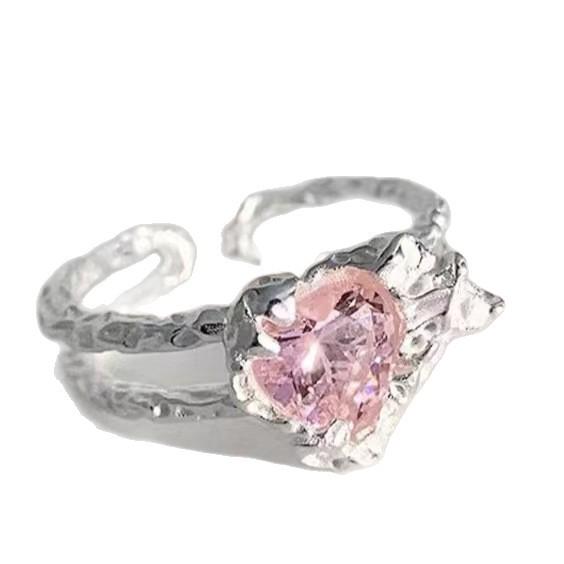 Adjustable Pink Heart Zircon Ring: Irregular Luxury and Trendy Style