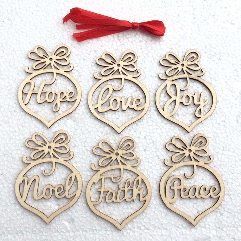 6pcs/Set Hollow Letters Natural Wood Christmas Ornaments Hanging Christmas Tree Decorations