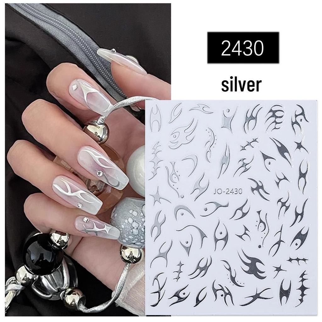 Samoprzylepne naklejki na paznokcie 3D tłoczone płomienie Aurora ciernie srebrny laser (2025)