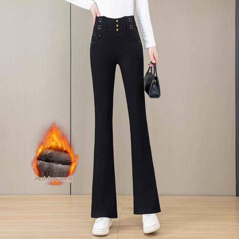 Women's High-Waist Velvet-Lined Denim Flare Pants: Slimming, Elastic, and Warm Nine-Point Style