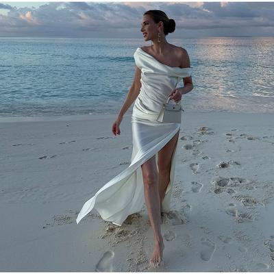 2025 Nuevo Vestido de Club Espectacular de Satén Espalda Descubierta Sexy Maxi para Mujer Elegante Abertura Alta Vestido Largo para Playa Vacaciones