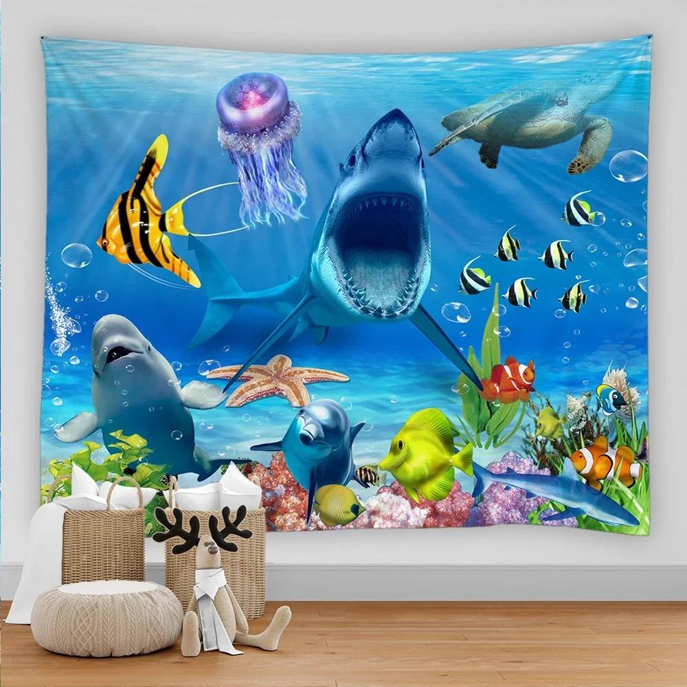 Marine Animal Home Decorative Fabric 3D Digital Printing Tapestry Psychedelic Undersea World Sea Fish Dolphin