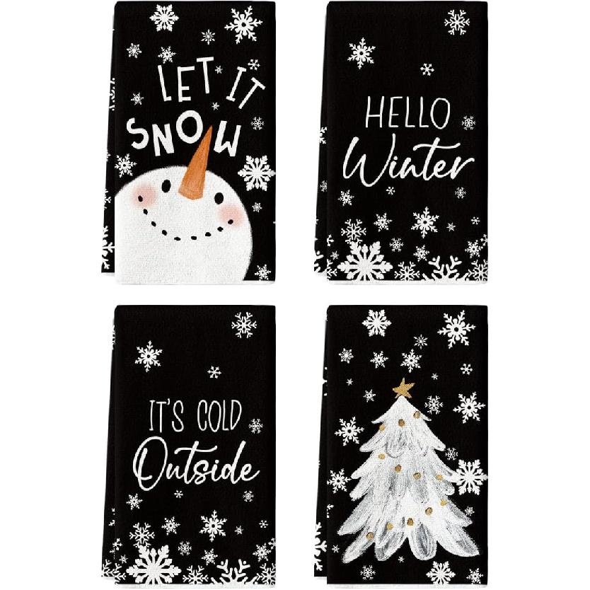 Artoid Mode Black Cute Snowman Hello Winter Kitchen Towels Dish Towels, 18x26 Inch Farmhouse Holiday Snowflake Decoration Cleaning Set of 4