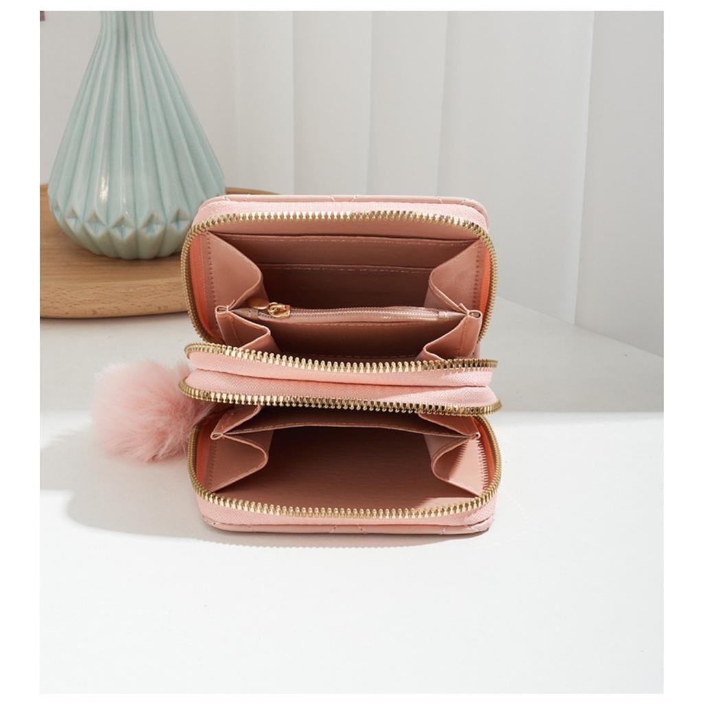 Small Fur Ball Bag, Double Layered Wallet, Diamond Grid, Ladies', Short, Hand-held, Coin Purse