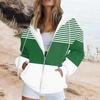 Women Fall Winter Hoodie Jacket Zipper Closure Loose Casual Striped Coat with Pockets Drawstring Hooded Long Sleeves Top