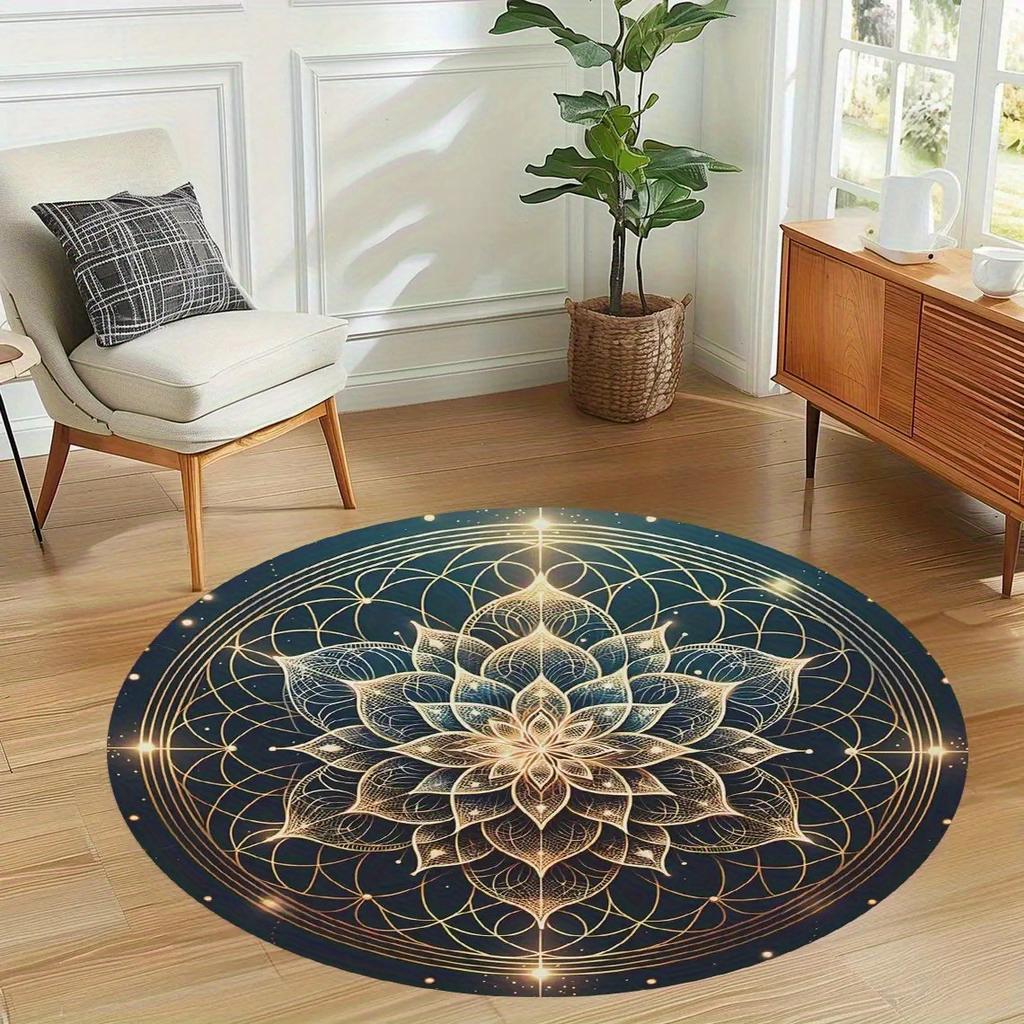 Crystal velvet carpet2D Flat Print not 3D Doormat 1pc of Golden mandala round mat- soft, washable, non-slip plush mat with intri