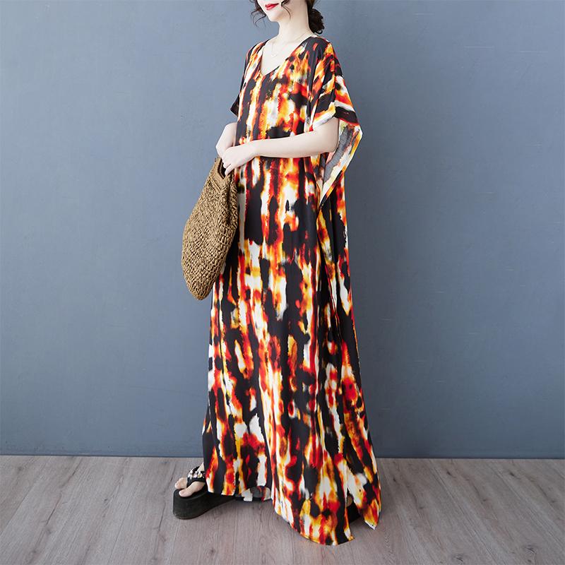 DIMANAF Neu 2025 Damen Sommer Übergröße Langes Kleid Locker Strand Druck Basic Freizeitkleid Übergroß