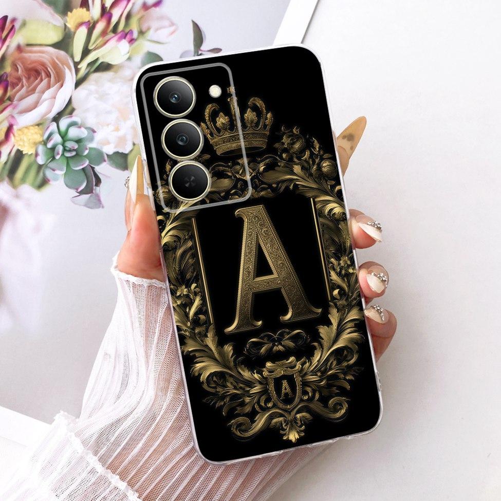 Cover For Realme 14x 5G India Case RMX3940 Transparent Luxury Crown A-Z Letters 2D Flat Pattern Soft Phone Case