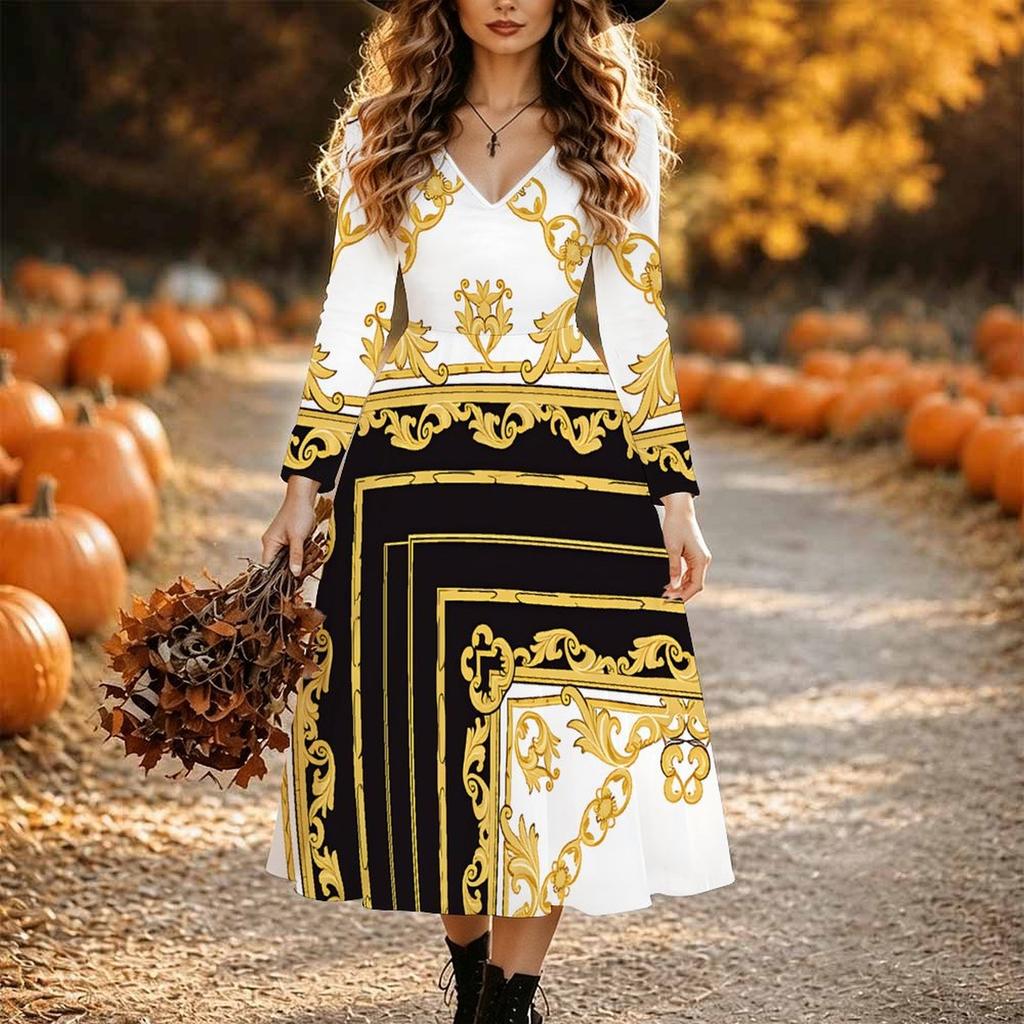 Halloween Women's Vintage Pattern Print Midi Dress A Line Dress Vacation Casual Daily Regular Fit Long Sleeve V Neck Black Spring Fall