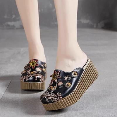 Mode GKTINOO 2025 Keilabsatz Pantoletten Schuhe Damen Zehen bedeckt Hohe Absätze Blume Sandalen Sommer Weiblich Echtes Leder Plateau Hausschuhe