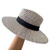 French Small Fragrant Black and White Hollow Flat Top Straw Hat Women's Summer British Style Temperament Top Hat Travel Vacation Sun Protection Hat