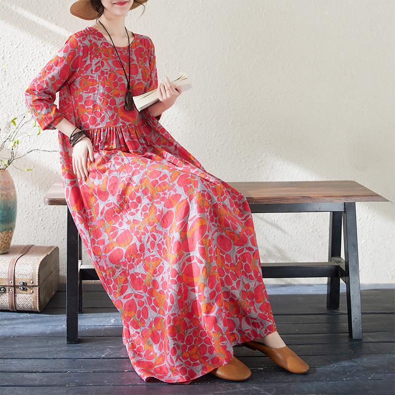 Spring Autumn Floral Print Round Neck Retro Loose Long Dress Long Sleeve Cotton Linen Dress Women's Clothing
