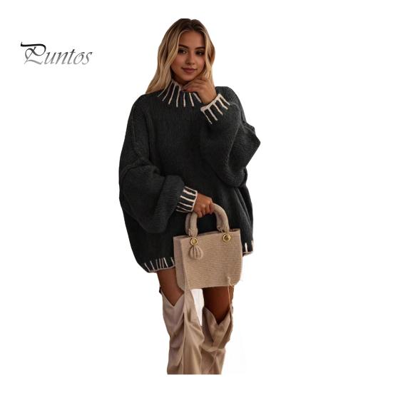 

Женский свободный свитер-свитер с высоким воротом и длинным рукавом в стиле пэчворк, зимние вязаные топы свободного кроя, утолщенные трикотажные топы M чёрный