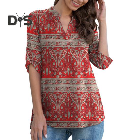Women Shirt V-neck 3/4 Roll-Up Sleeves Lightweight Tops Flower Print Flowy Hem Tunic Tops Daily Wear