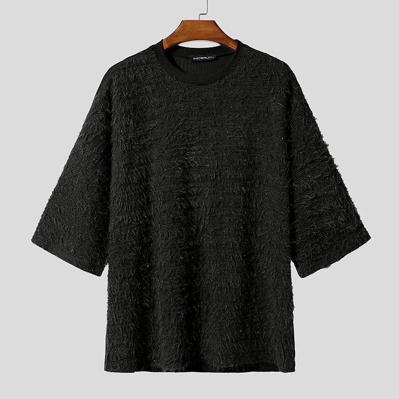 

INCERUN Oversized Mens Summer Short Sleeve Glitter Tassel Patchwork Casual T-shirts S чорний