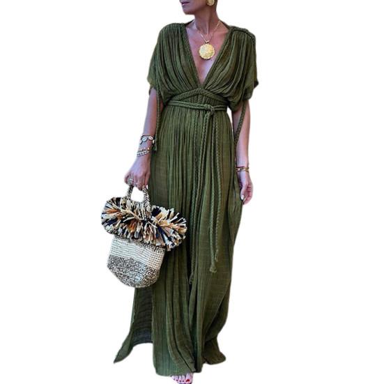 Lady Beach Maxi Dress Low-cut V Neck Short Sleevs Split Hem Pleated Lace-up Twisted Rope Decor High Waist Solid Color Long Bikini Coverup