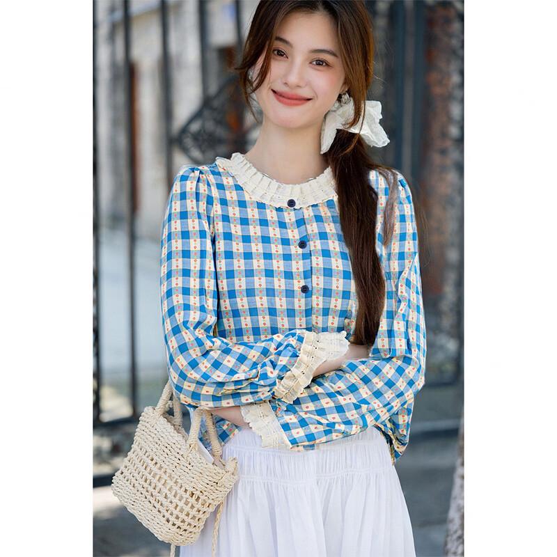 ITISF4 French Sweet Plaid Lace Long Sleeve Shirt