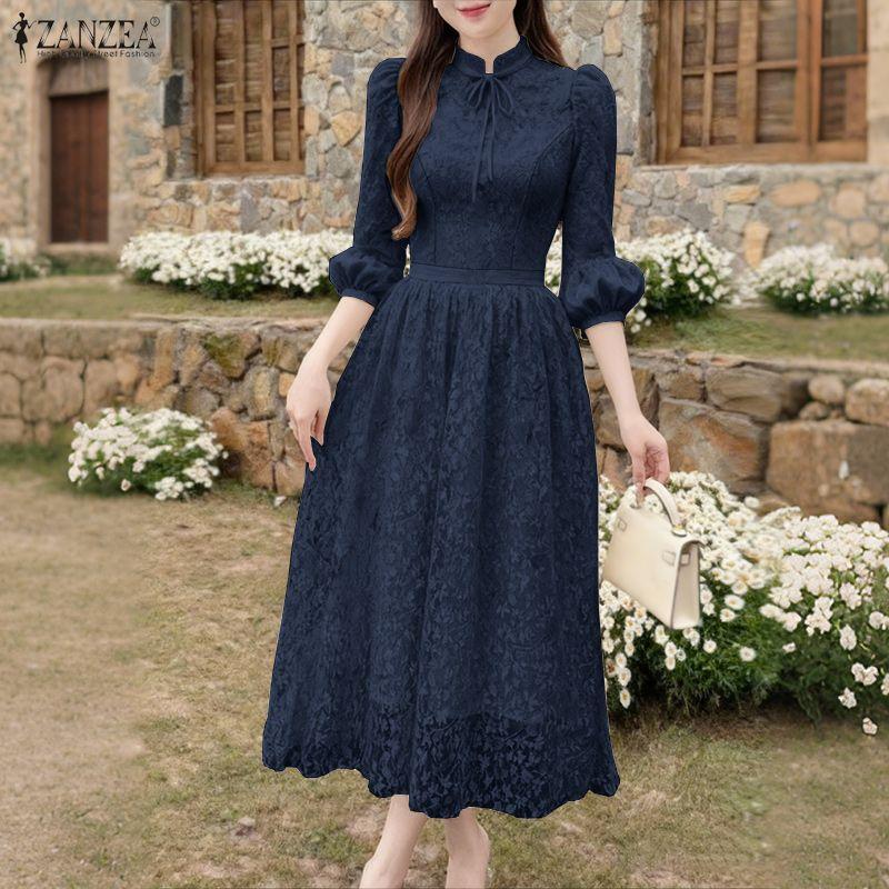 ZANZEA Women Casual Stand Collar Loose Long Sleeve Patchwork Lace Dress