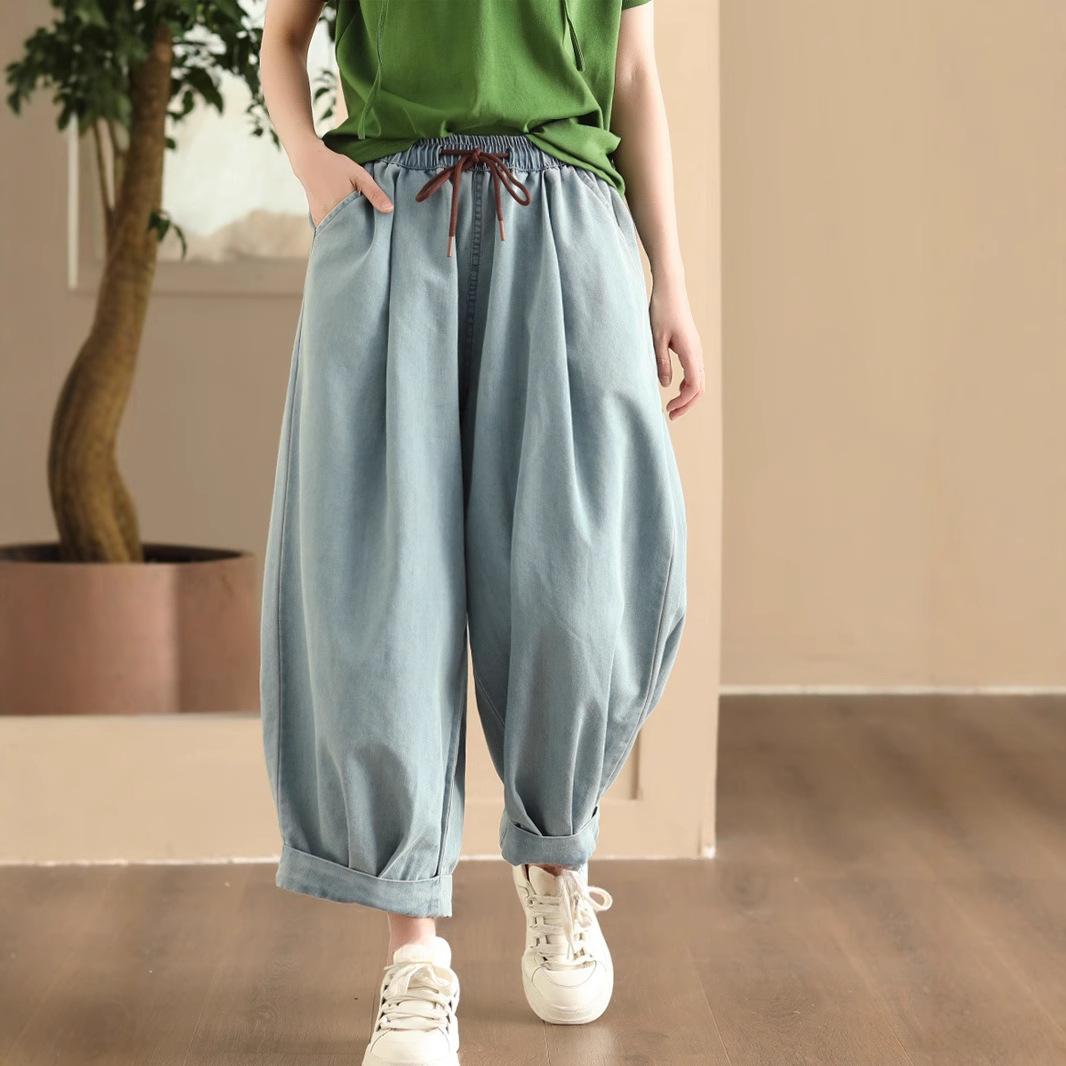 

Стираные джинсы, летние повседневные брюки Ninepoint, женские брюки-каррот со шнуровкой и эластичным поясом L светло-синий