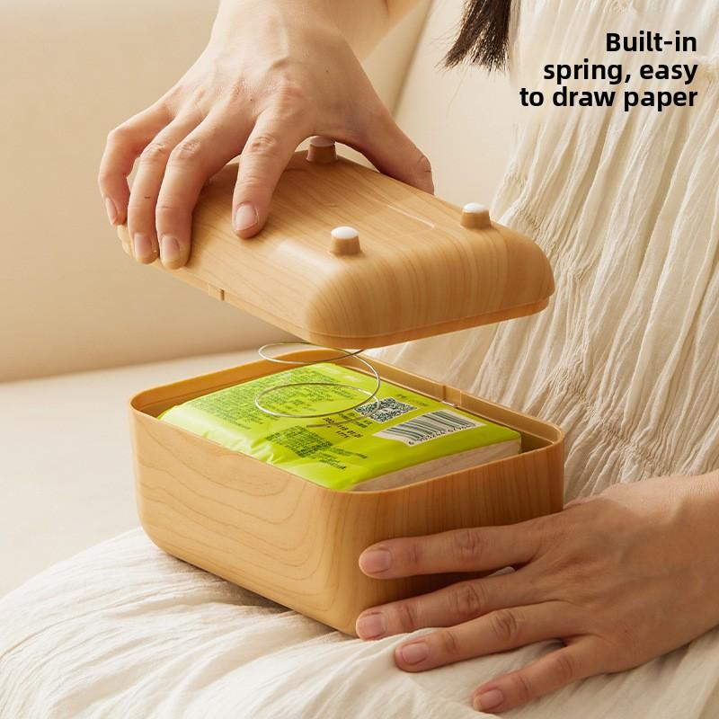High imitation wood grain magnetic tissue box bedroom living room decoration with spring non-slip desktop coffee table paper box