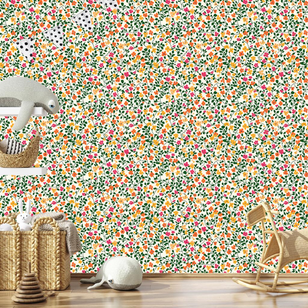Wallpaper Small Flowers Green and Cream for Living Room and Bedroom 50x1000