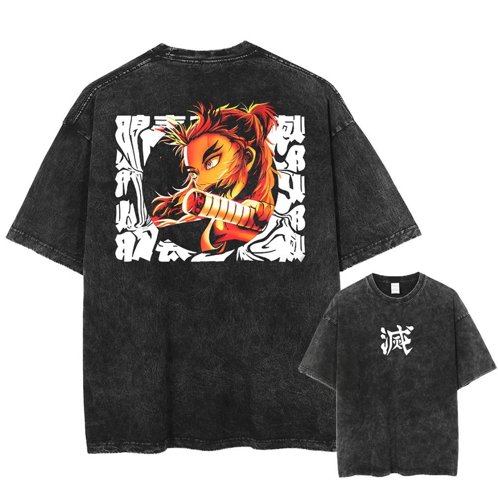 Men Streetwear Summer Rengoku Kyoujurou Top Tee Harajuku Anime Demon Slayer Printed T-shirt Vintage Washed Oversized Tshirt