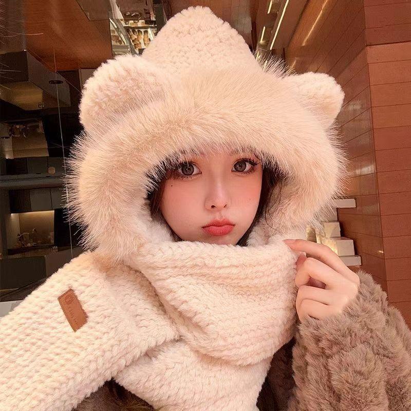 Winter Cute Velvet Warm Protective Hat Cute Bear Hat Women's Warm Hat Scarf Gloves Integrated Hat
