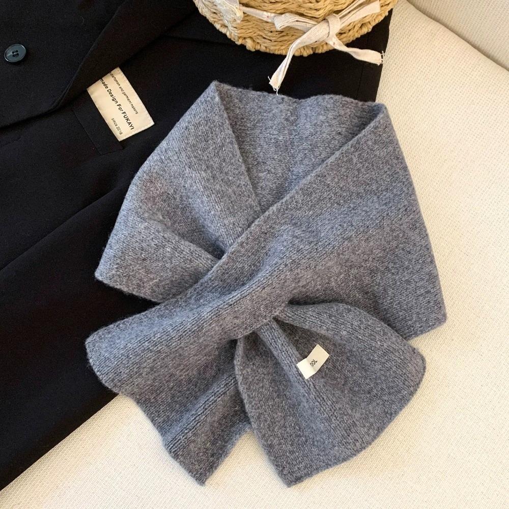 Windproof Wool Knitted Scarf Solid Color Women Winter Neckerchief Casual Cross Neck Warmer  Winter