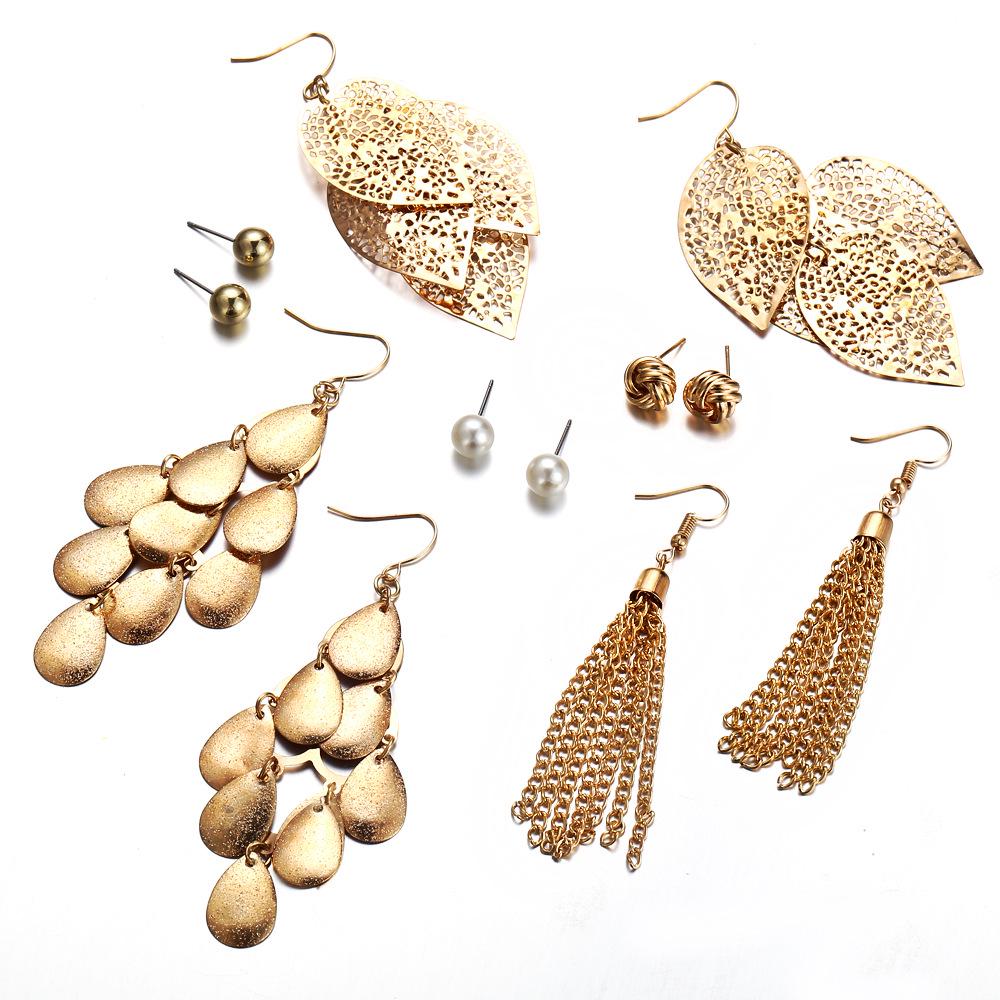 Retro Fashion Vintage  Pearl Earrings Set Hollow Leaf Woven Female Earrings