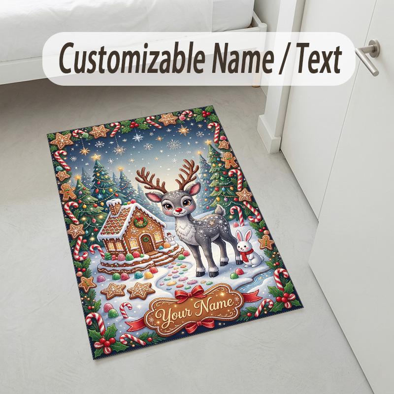 Christmas Theme Crystal Velvet Rug Personalized Custom Name Text Soft Floor Mat Home Decor