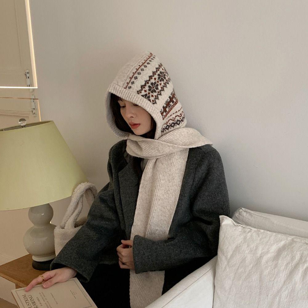 Scarf Cap Ear Protection Hat Fair Isle Style Knitted Hat Warm Hooded Hat Winter/Autumn