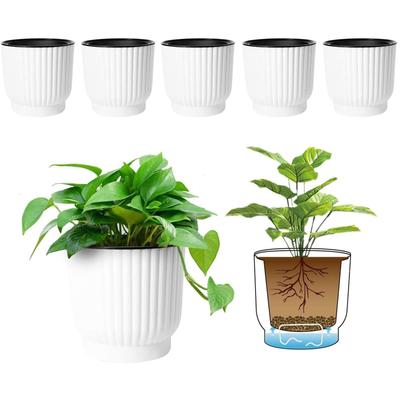 T4U 12cm Plastic Self-Watering Planter/Flower Pot, Modern Decorative, Suitable for Houseplants, Succulents, Flowers, Herbs, and Cacti, White, Set of 6