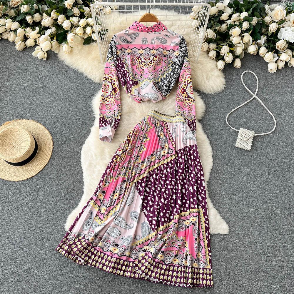 Spring And Summer Contrast Color Lapel Long-Sleeved White Shirt High-Waist Pleated Over-The-Knee Skirt Two-Piece Suit